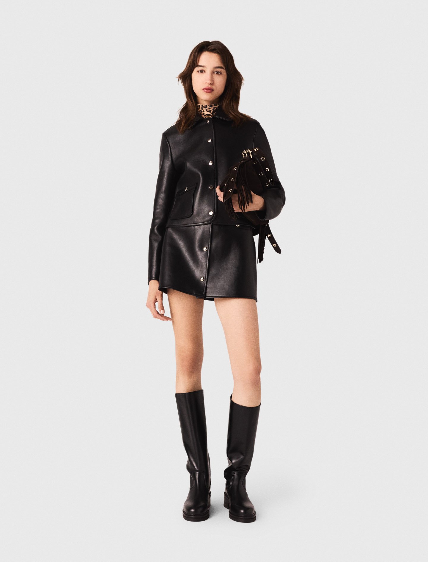 Maje Woman's leather Cropped Leather Jacket for Fall/Winter, in color Black / Black