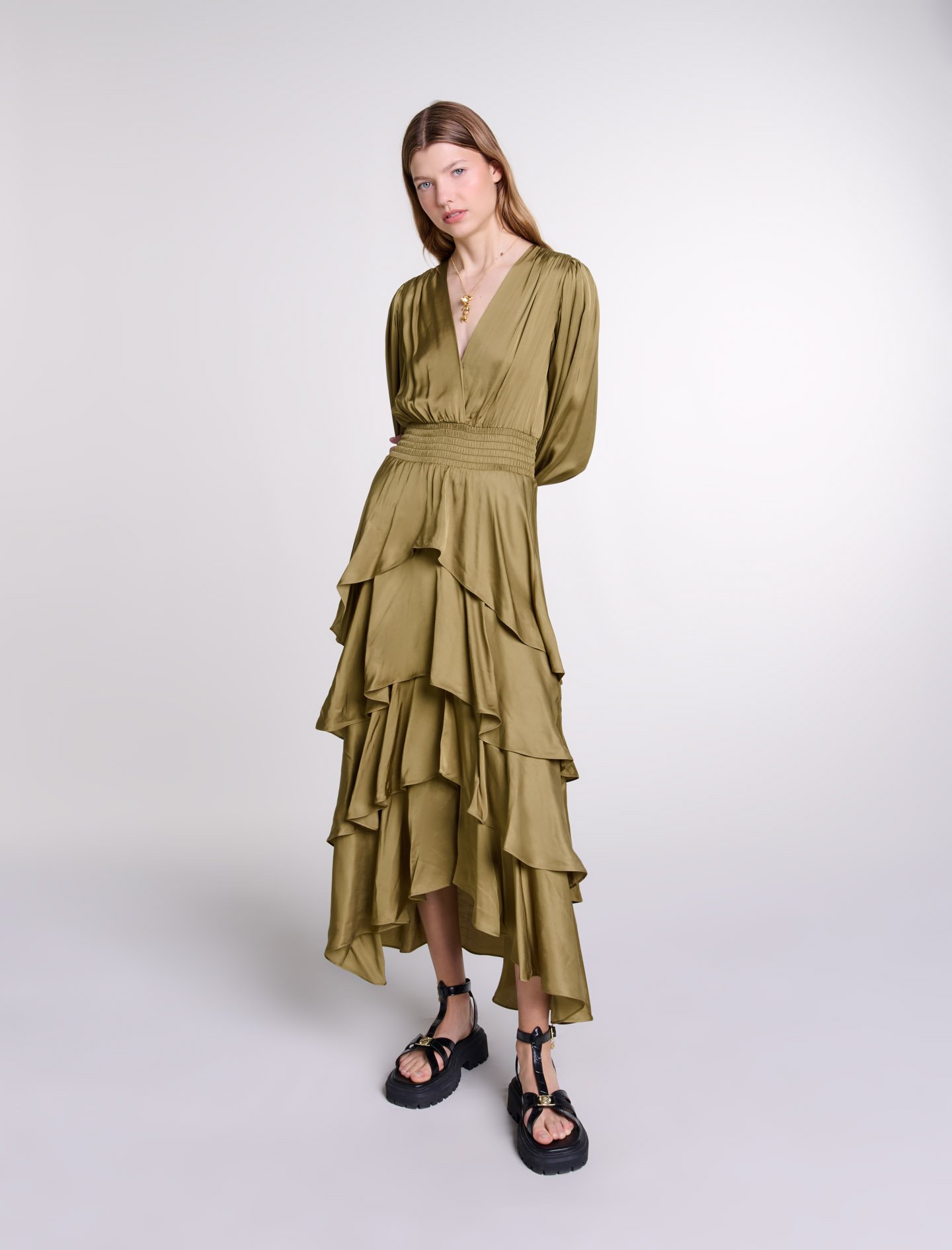 Woman's viscose Tiered maxi dress for Fall/Winter, size Woman-Maxi dresses-US XL / FR 41, in color Khaki / Beige