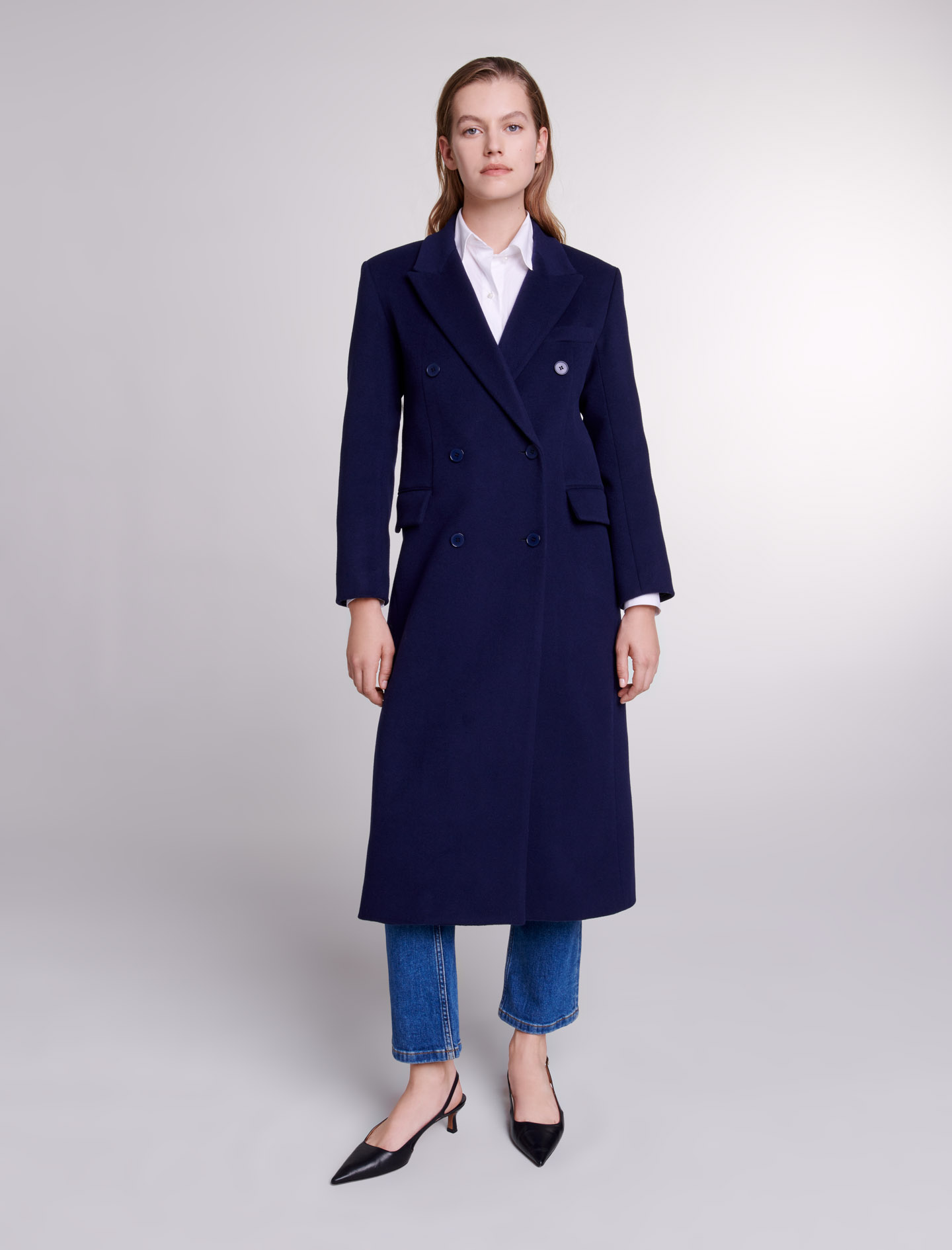 Maje Woman's virgin wool, Long coat for Spring/Summer, in color Navy / Blue