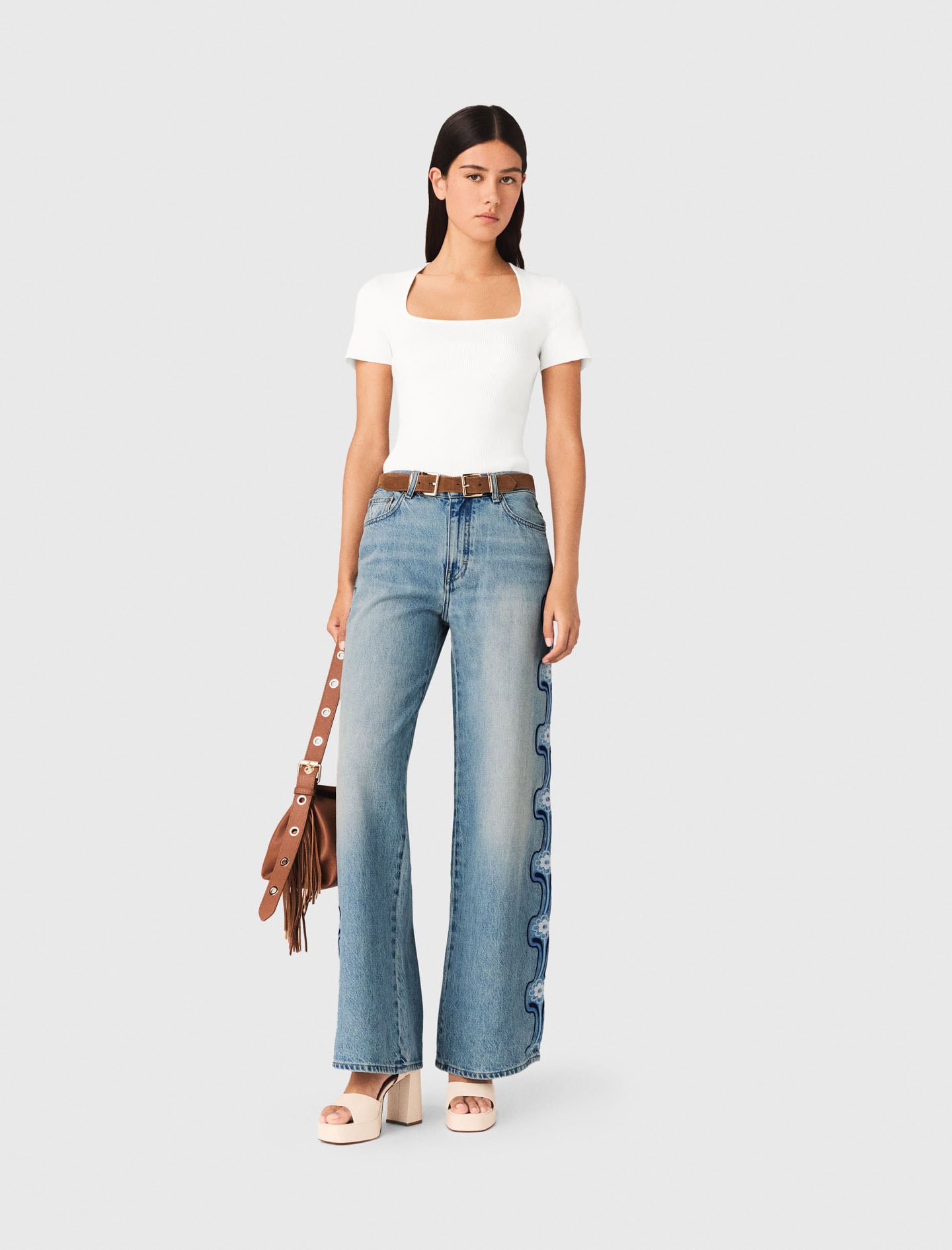 Floral embroidered wide-leg jeans Blue For Women | Maje