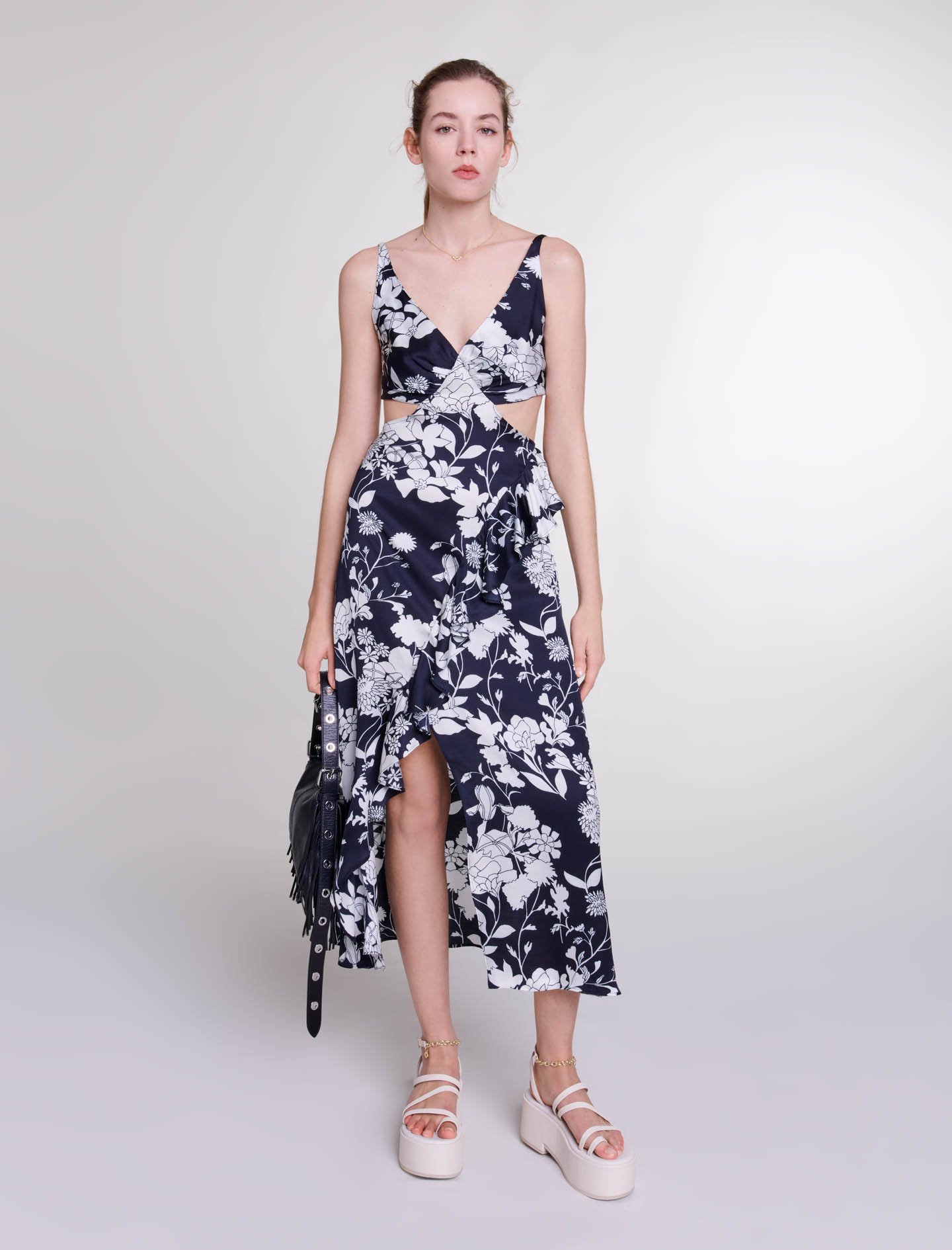 Mixte's viscose Lining: Cutaway maxi dress for Spring/Summer, size Mixte-Dresses-US XL / FR 41, in color Floral ecru black print /