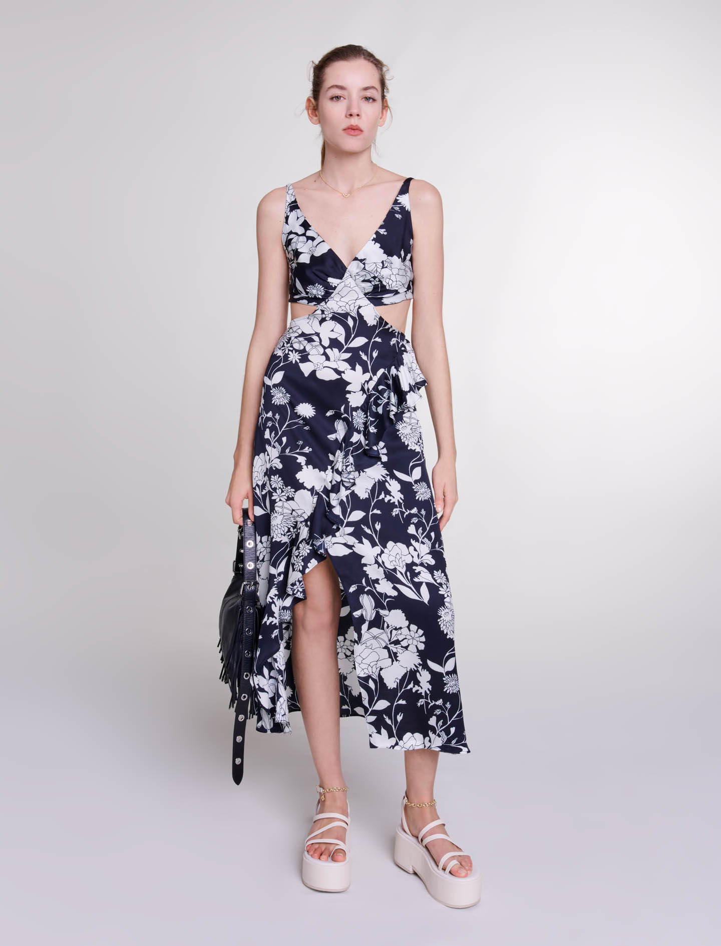 Maje Woman's viscose Lining: Cutaway maxi dress for Spring/Summer, in color Floral ecru black print /