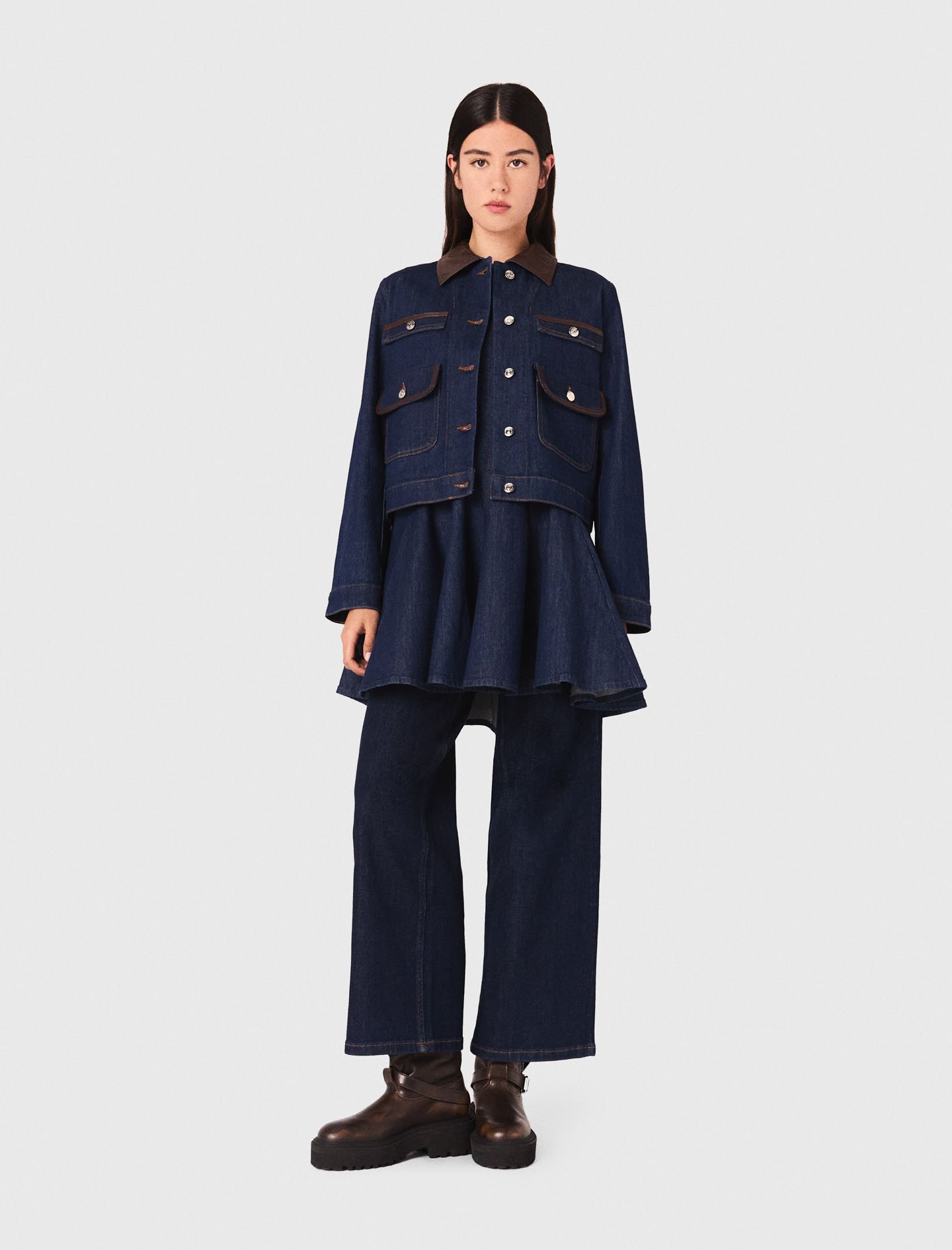 Maje Woman's Cotton Denim Jacket With Faux Leather For Fall/winter In Blue
