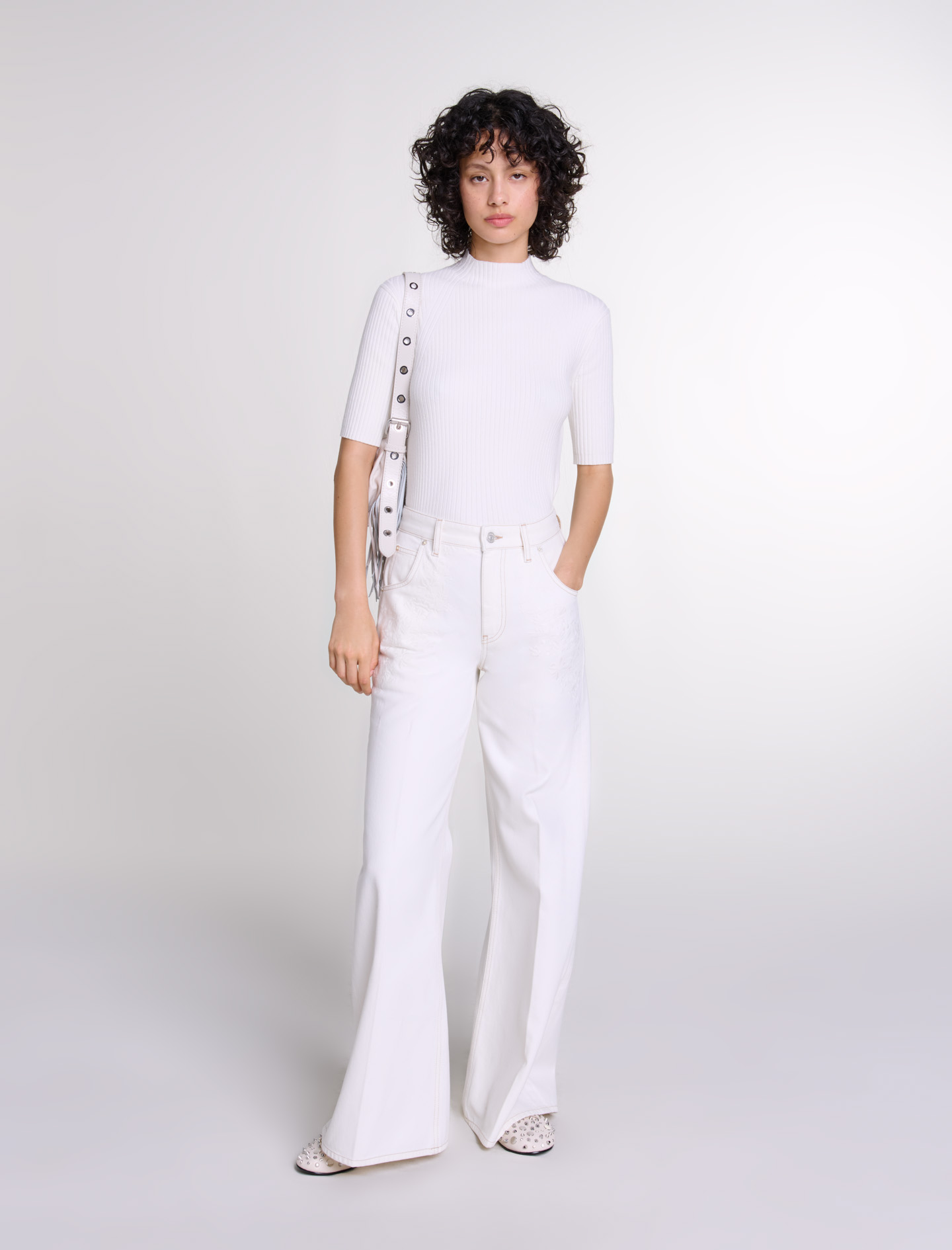 Woman's cotton Embroidery: Embroidered high-waisted jeans, size Woman-Fall-Winter Pre Collection-US XL / FR 41, in color White / White