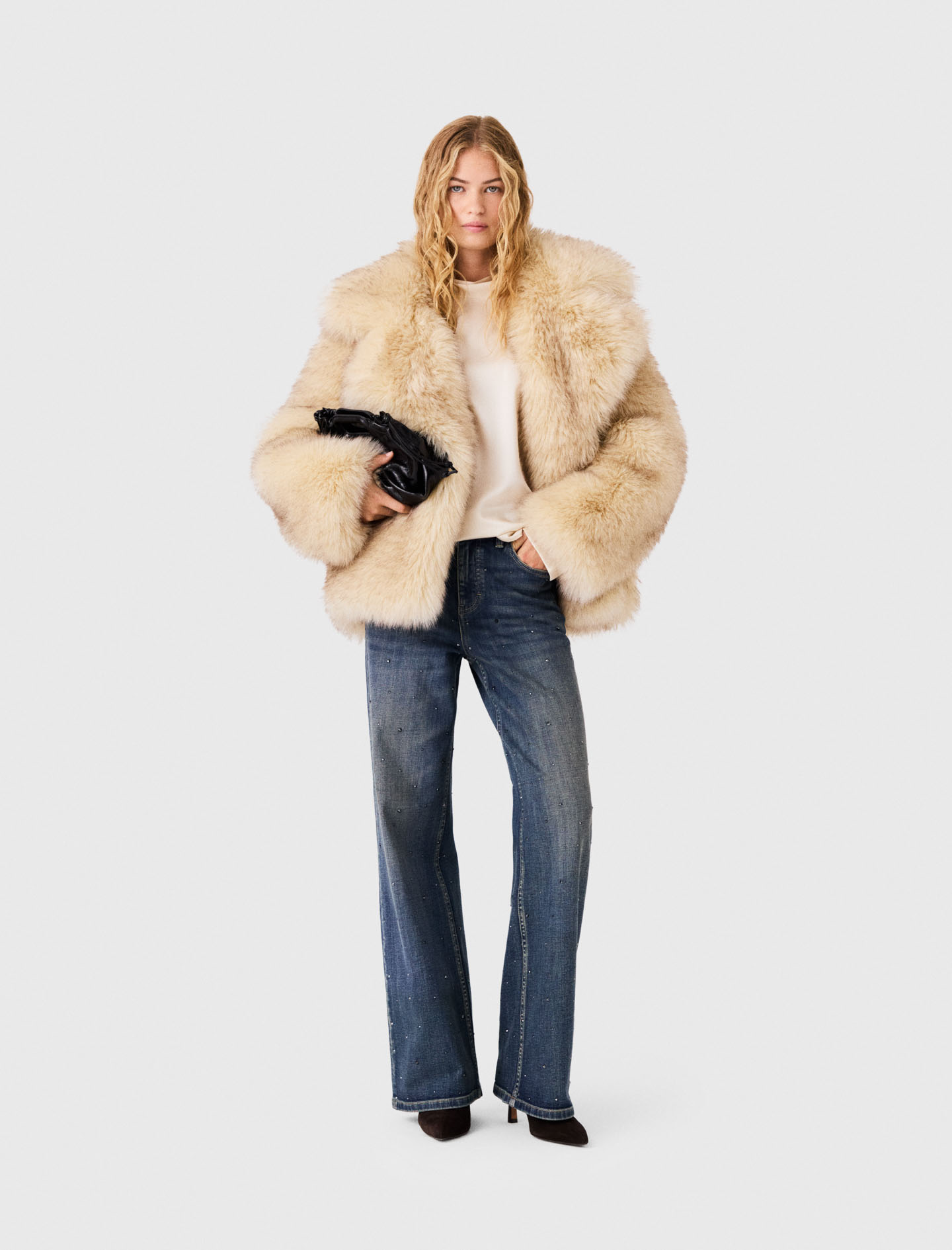 Maje Oversized Faux Fur Coat In Beige
