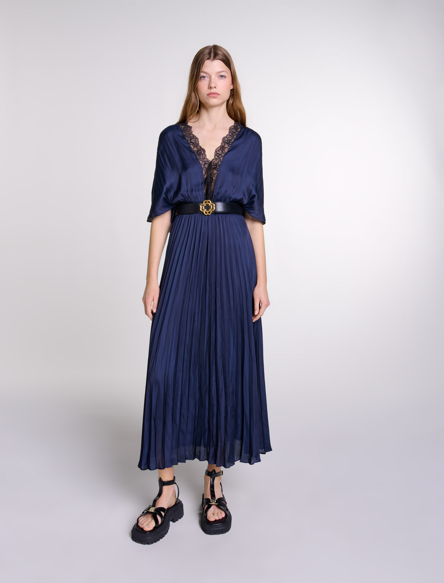 Maje Woman's polyester Lace: Pleated maxi dress with lace for Fall/Winter, size Woman-Dresses-US XL / FR 41, in color Navy/Black /