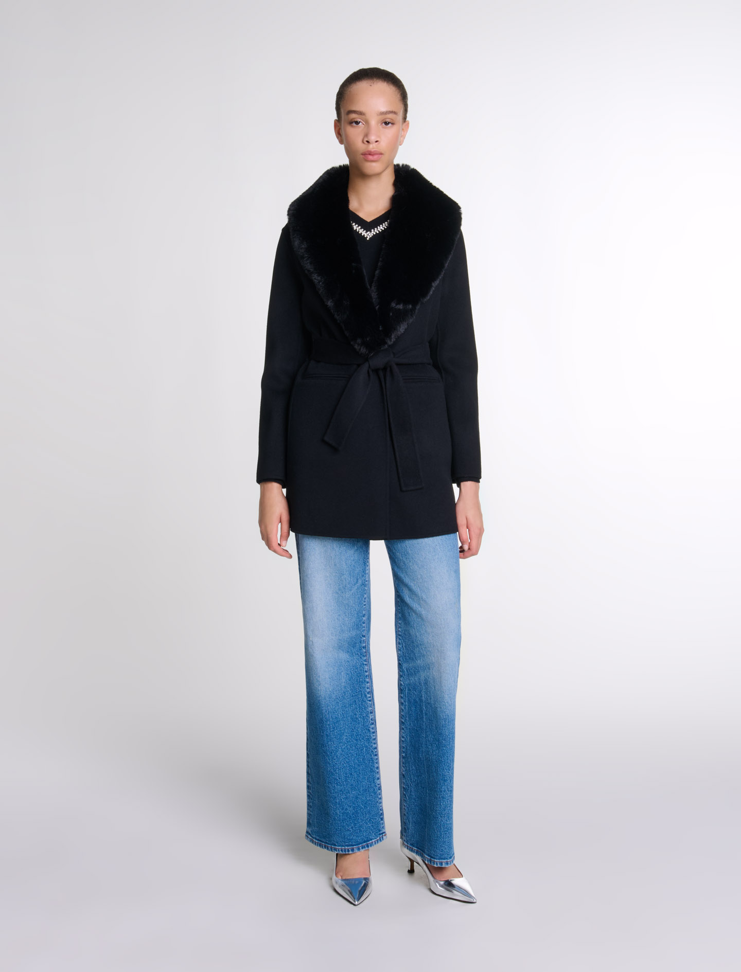 Woman's wool, Double-faced mid-length coat for Fall/Winter, size Woman-Coats-US XL / FR 41, in color Black / Black