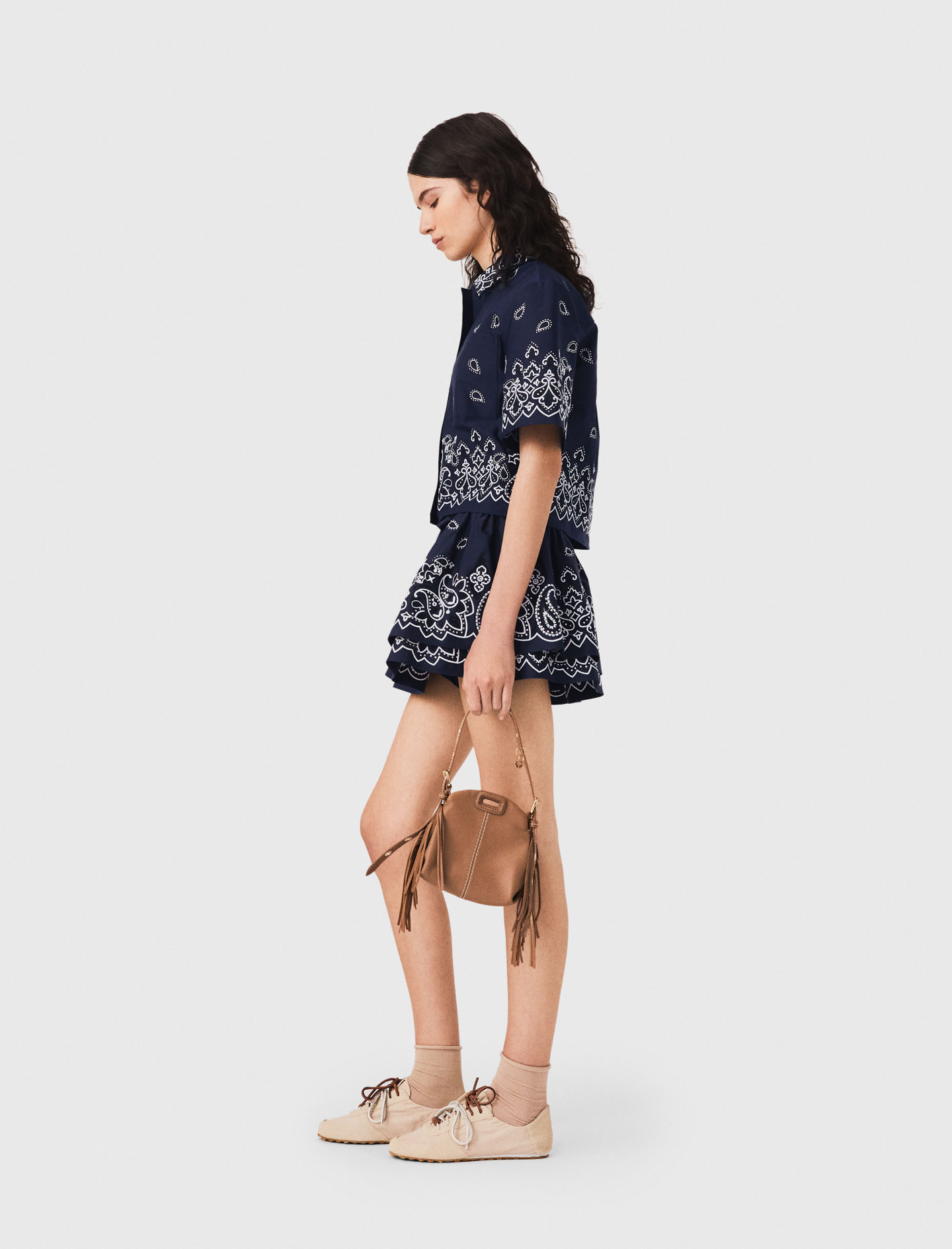Cropped Embroidered Bandana Print Shirt