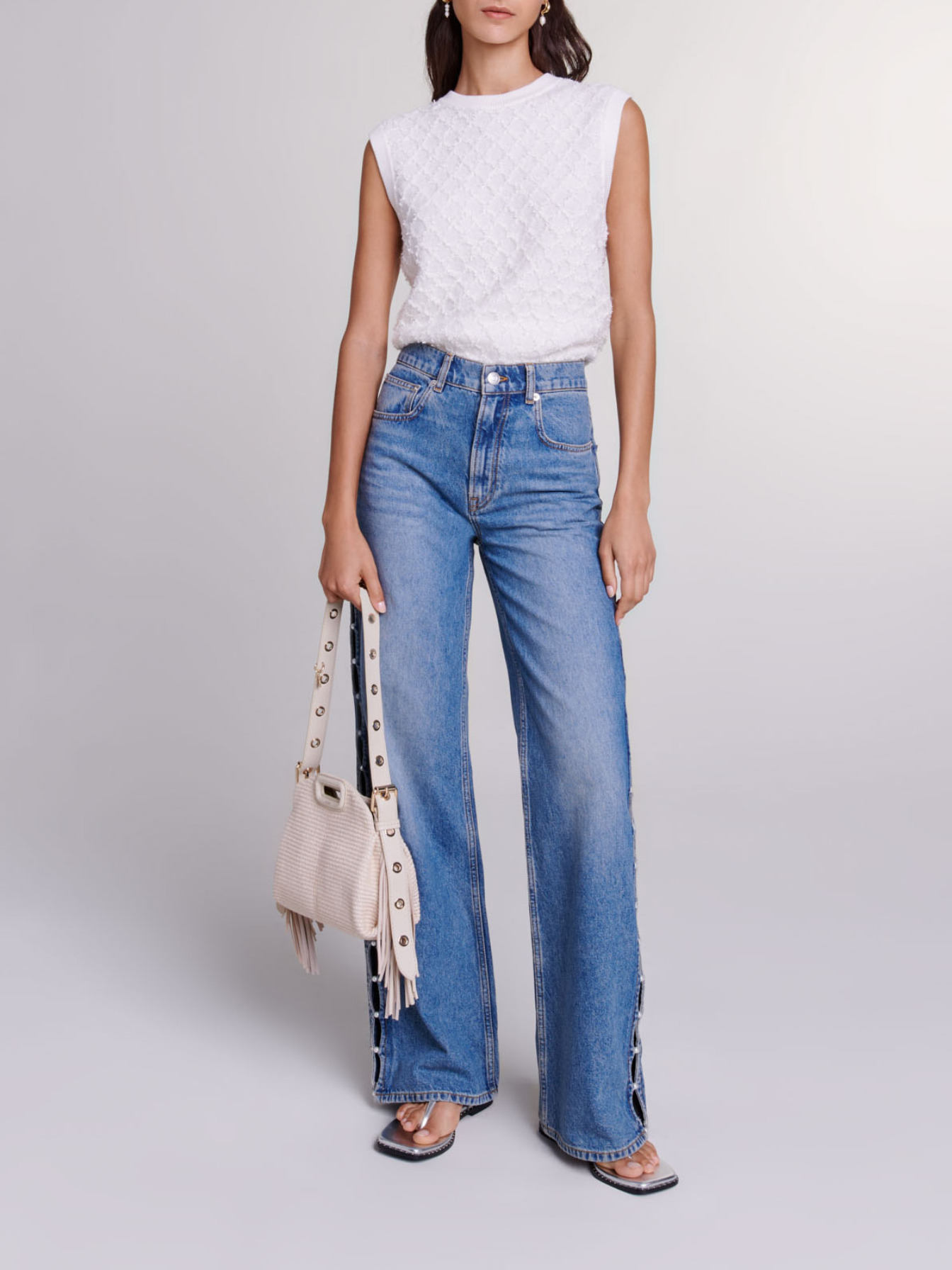 Maje Woman's cotton Beaded cutaway jeans for Spring/Summer, in color Blue / Blue