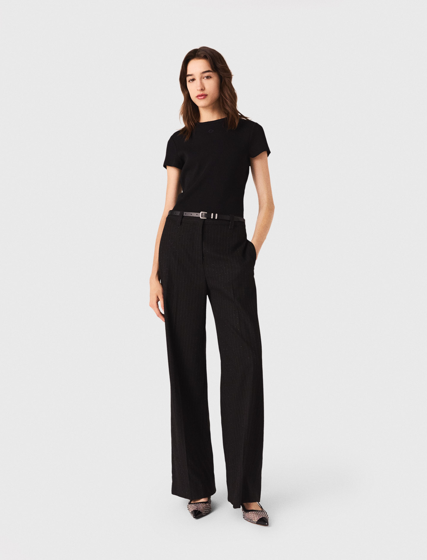 Maje Woman's polyester Rhinestone suit trousers for Fall/Winter, in color Black / Black