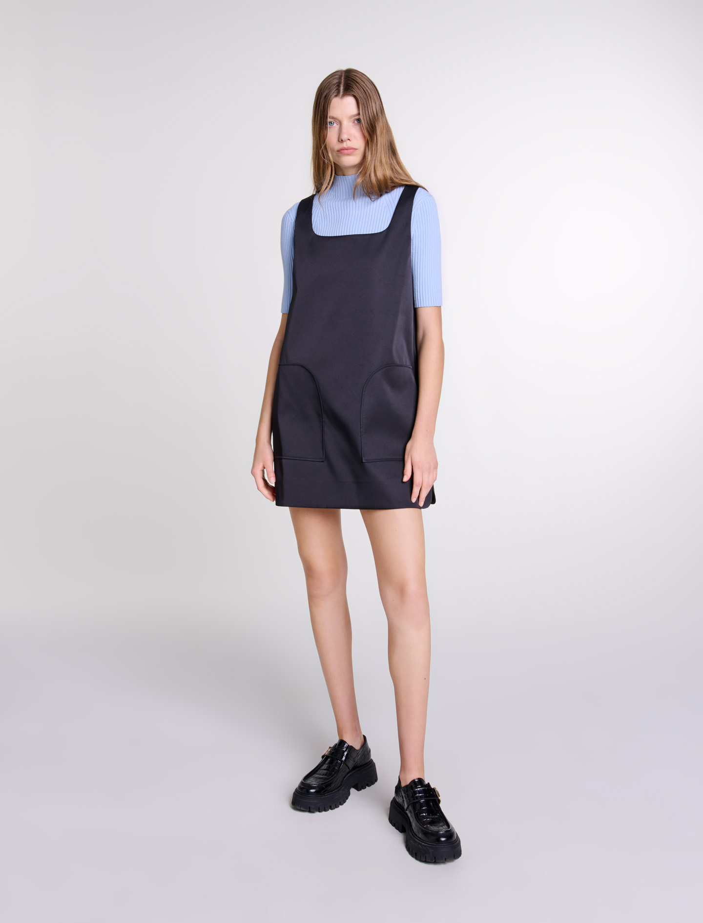 Shop Maje Satin Pinafore Dress In Black