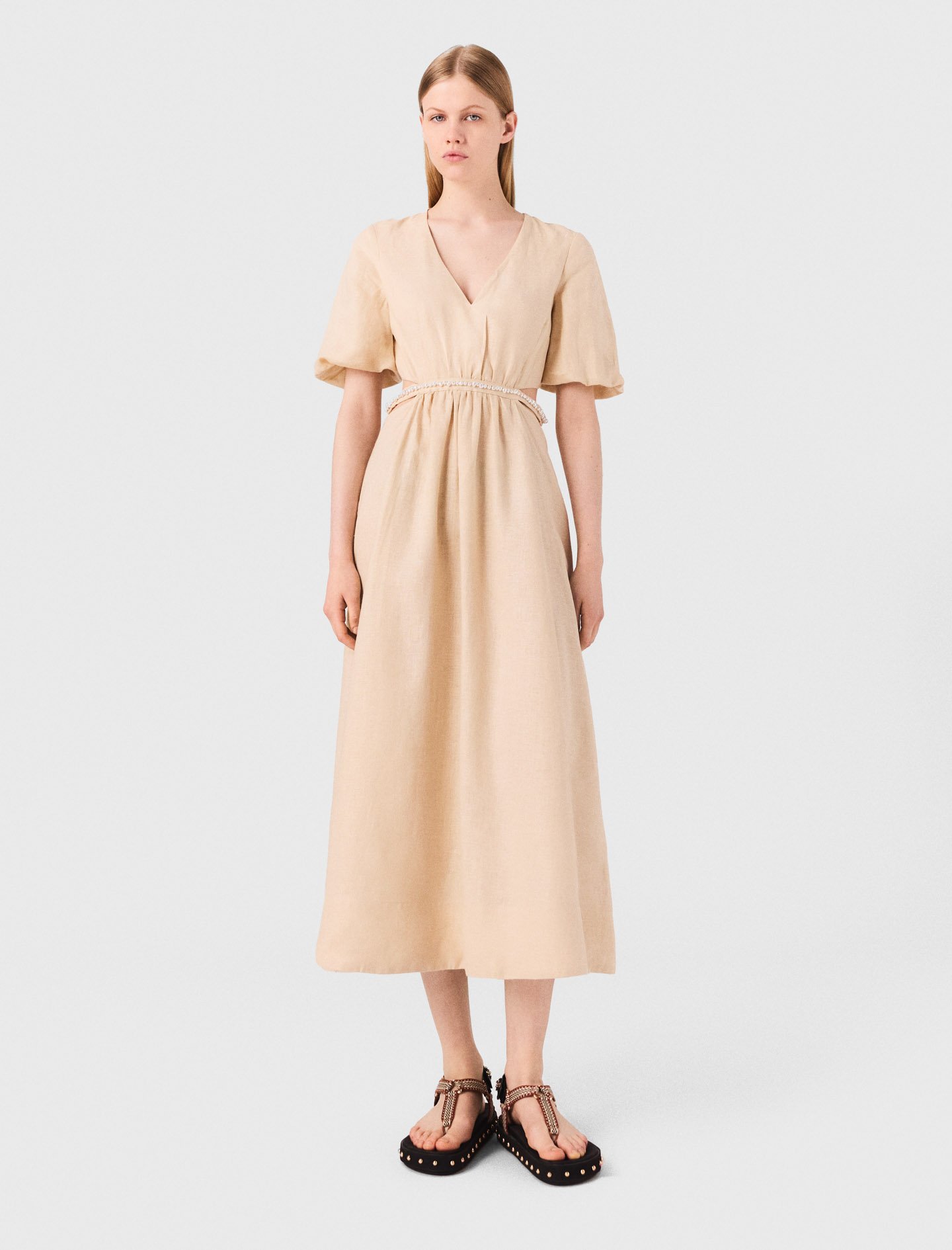 Woman's linen Linen maxi dress for Spring/Summer, size Extra Extra Large, in color Beige / Beige
