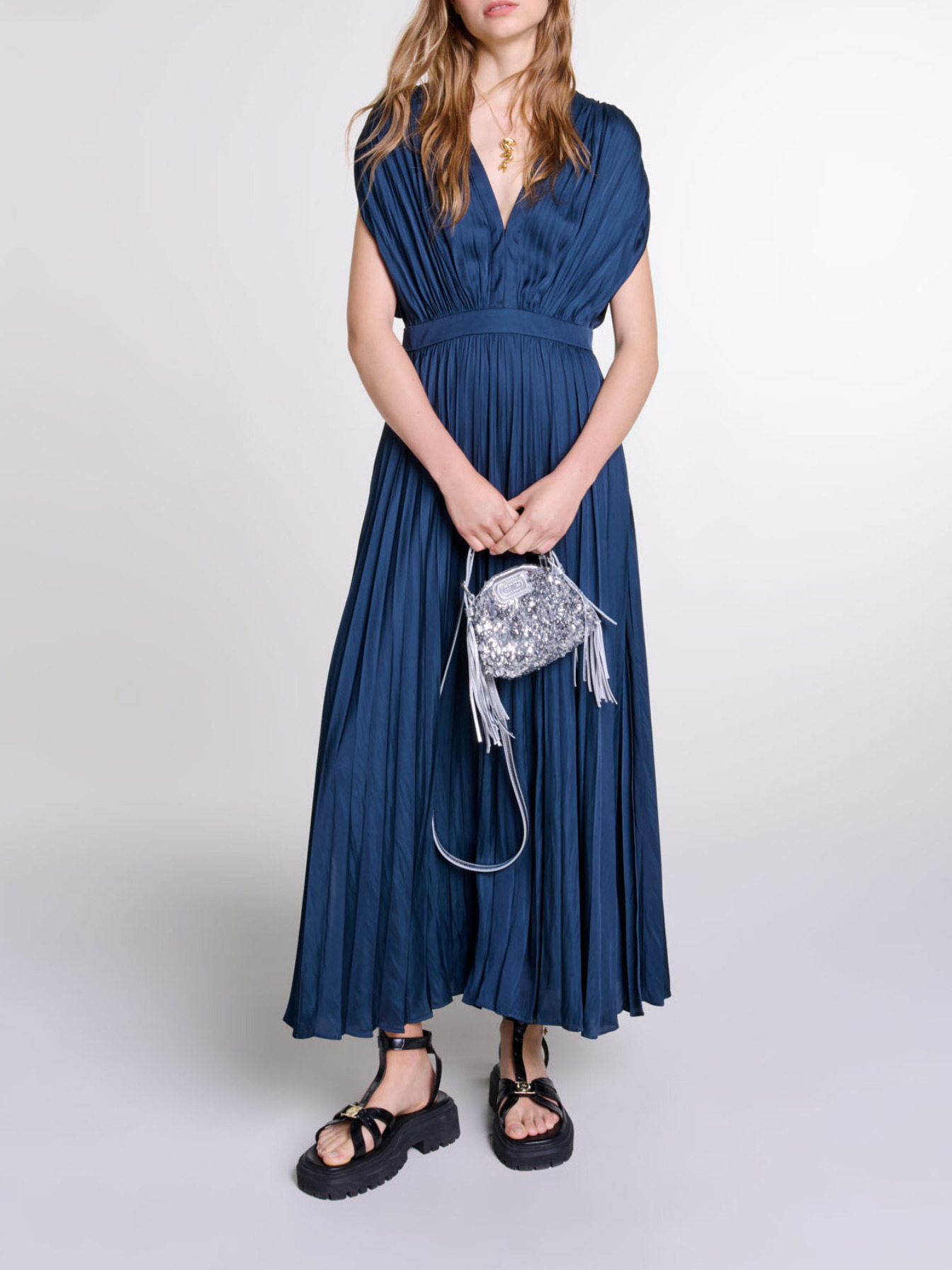 maje pleated knit maxi dress Blue For Women sanga