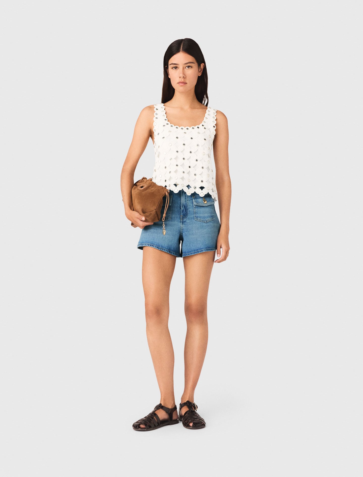 【超美品】marge tokyo Beading short gilet Mirrored crochet top White For Women | Maje