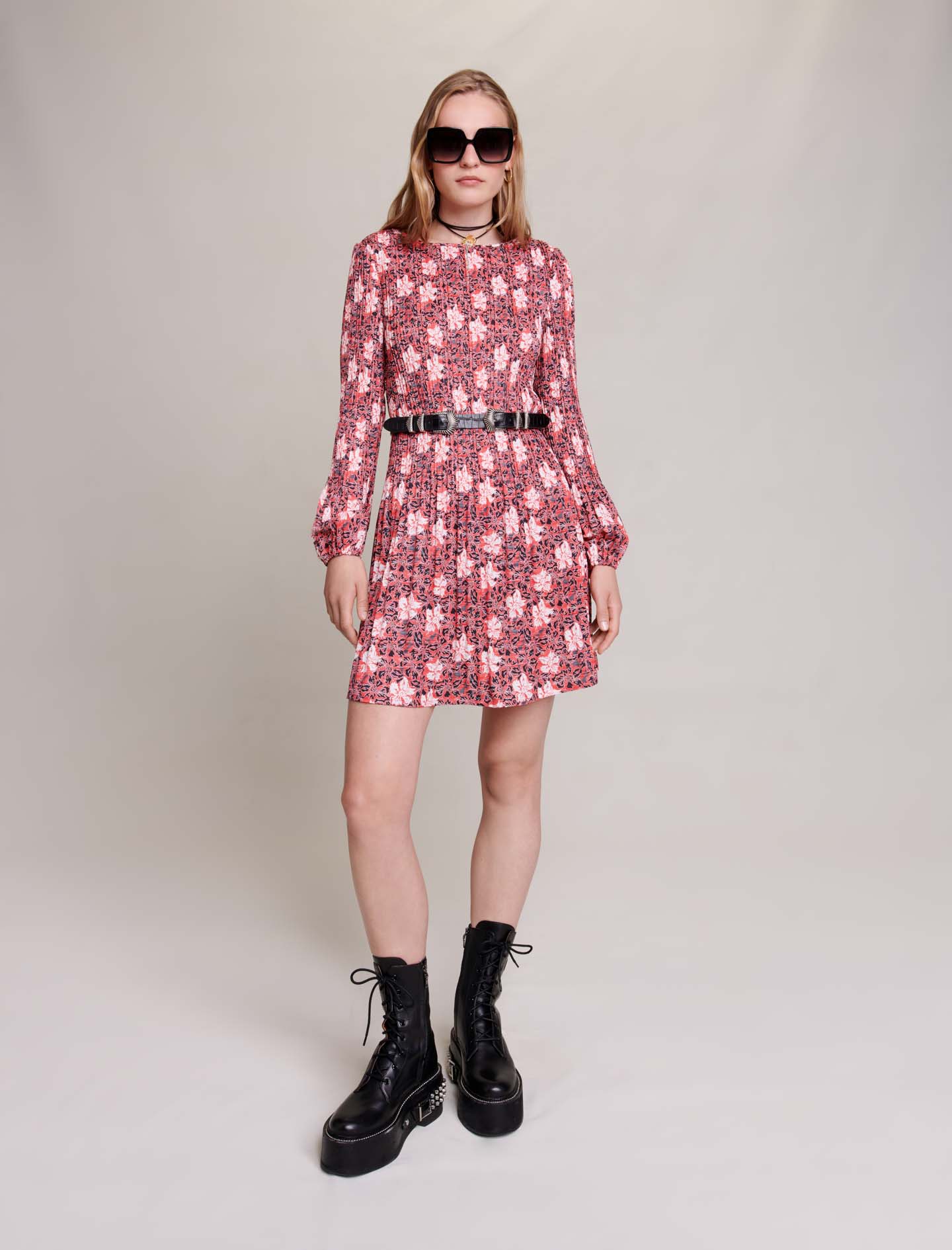 Maje Woman's polyester Short floral dress for Fall/Winter, in color Red flowers lurex print /