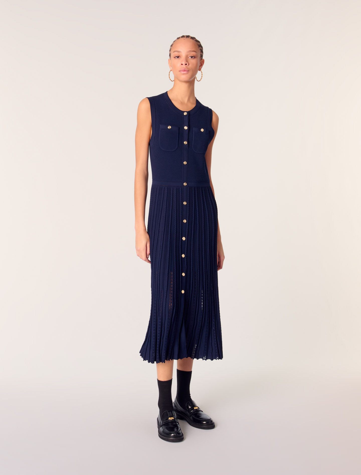 Maje Woman's viscose Pleated knit maxi dress for Spring/Summer, in color Navy / Blue