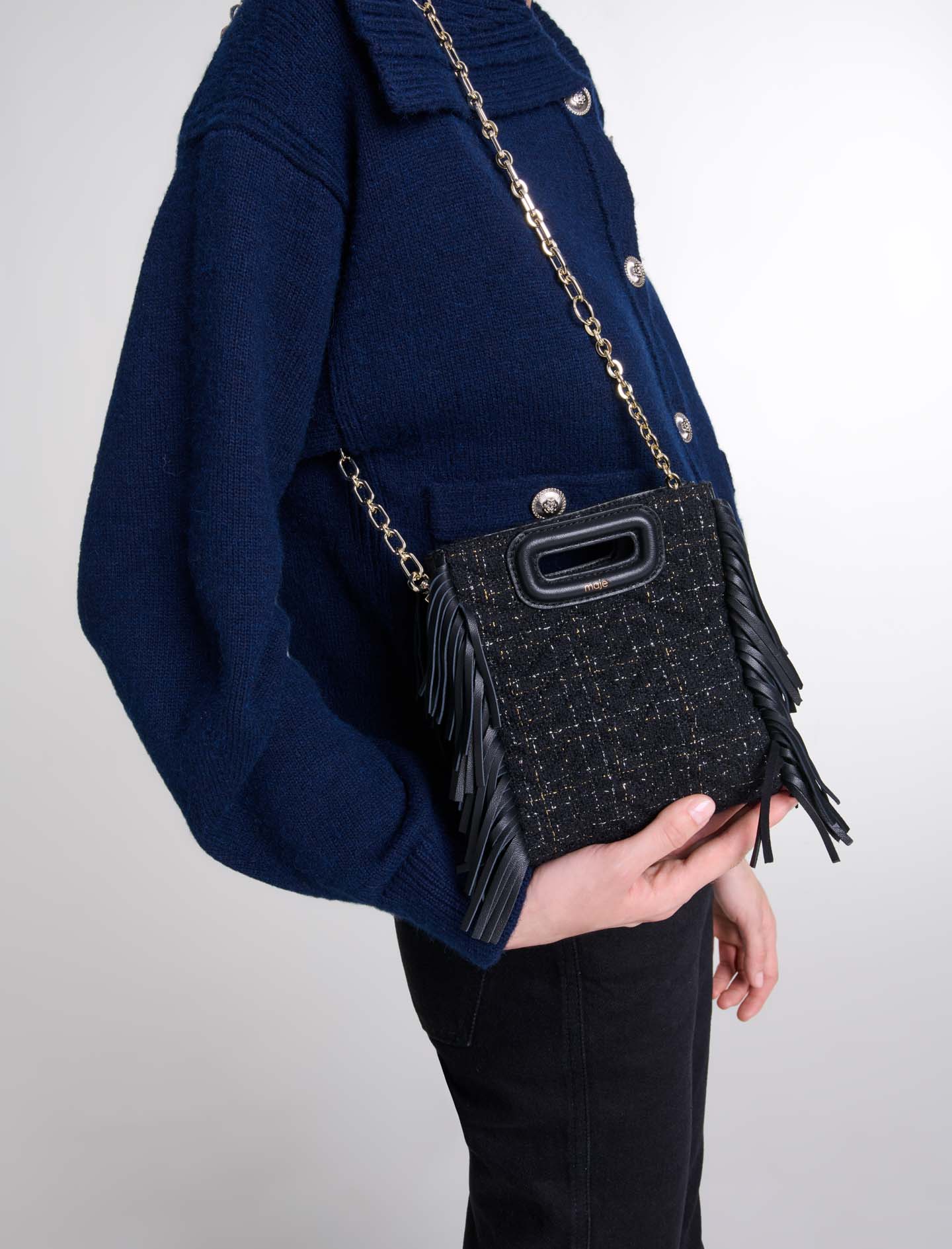 Shop Maje Woman's Wool, Quilted Tweed Mini M Bag For Fall/winter In Black