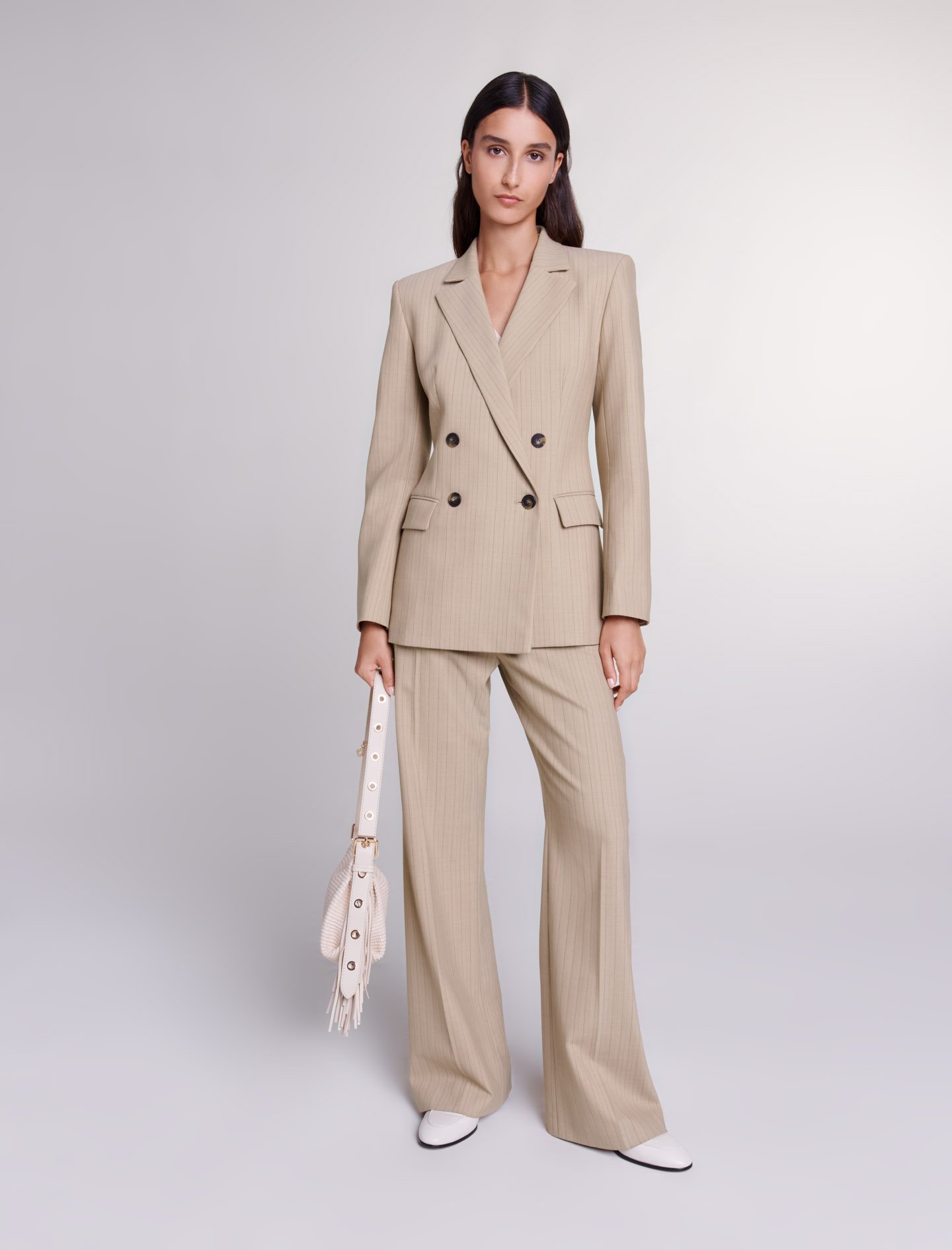 Woman's wool, Striped suit jacket for Spring/Summer, size Woman-Blazers & Jackets-US XL / FR 41, in color Beige / Beige