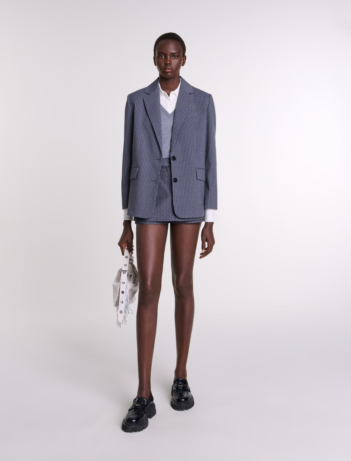Woman's polyester, Rhinestone suit jacket for Fall/Winter, size Woman-Blazers-US XL / FR 41, in color Grey rhinestone tennis stripe /