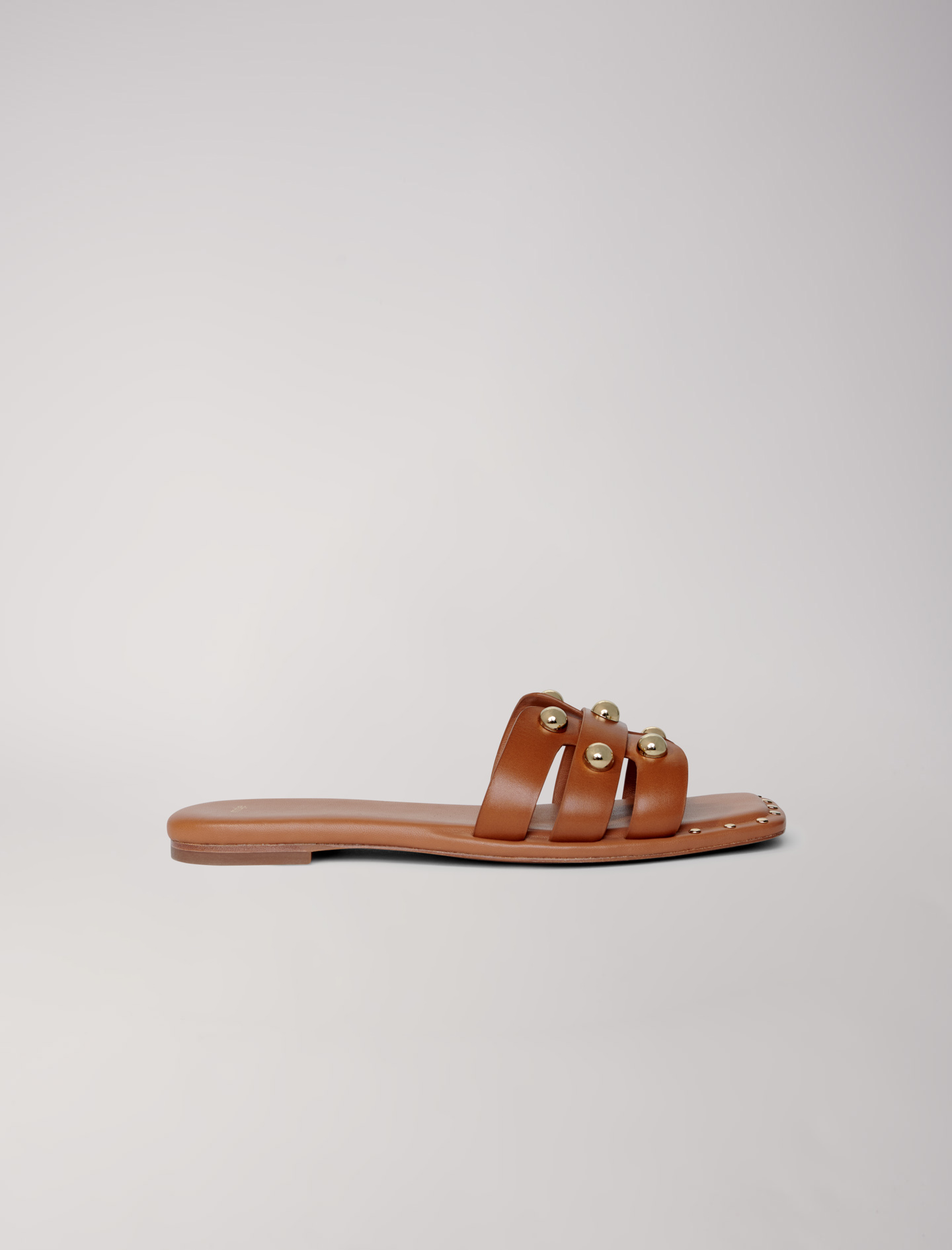 Maje Woman's copper Jewellery: Studded leather mules for Spring/Summer, in color Camel / Brown