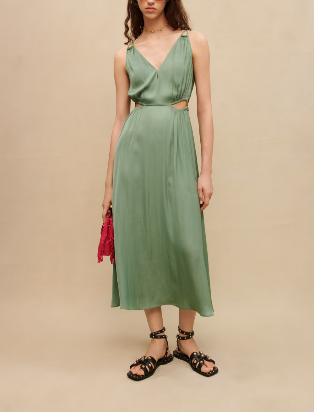 Woman
s polyester Weaving: Openwork midi dress for Spring/Summer, size Woman-See All-US XL / FR 41, in color Green / Grey