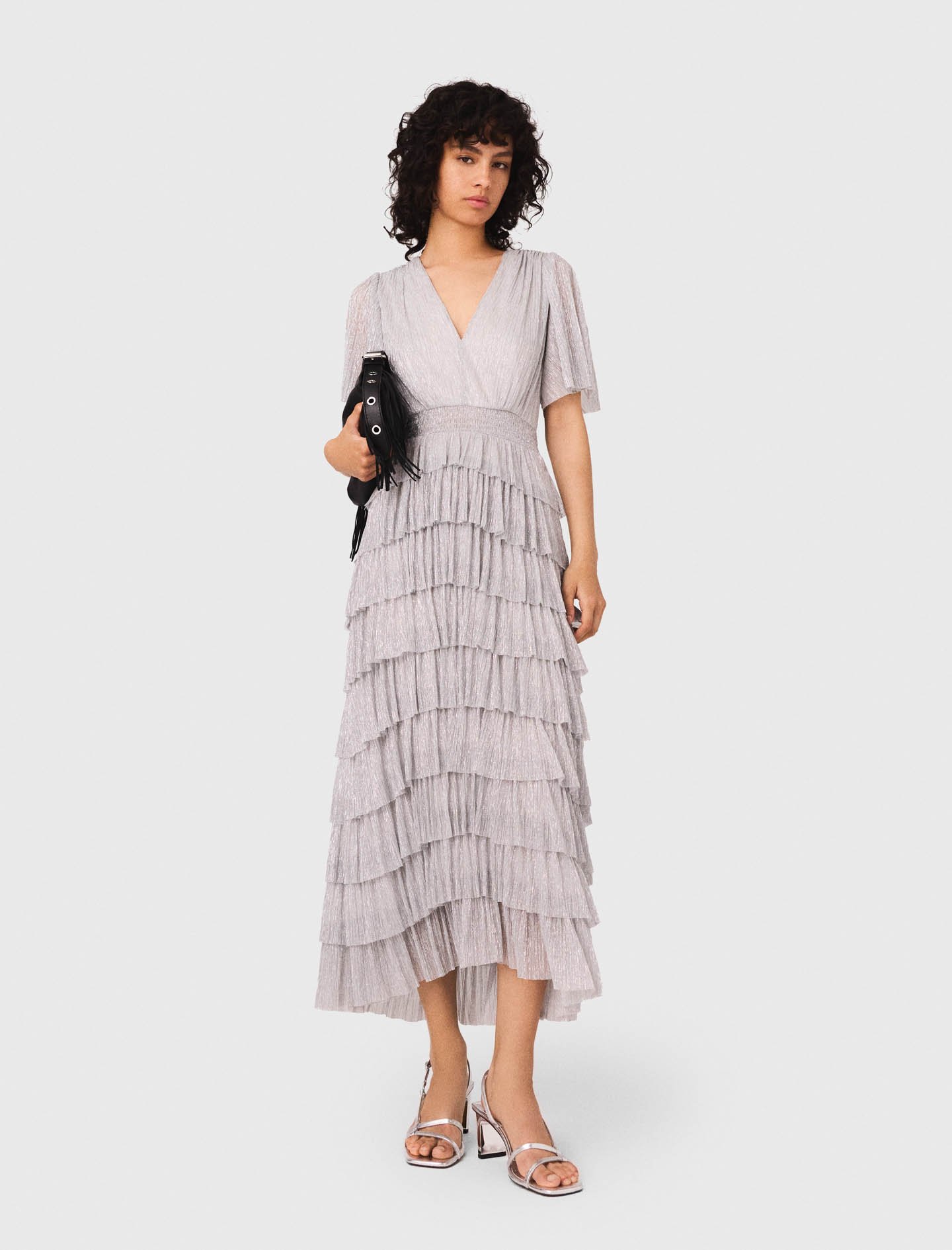 Woman's polyester Metallic ruffled midi dress for Fall/Winter, size Extra Small, in color Silver / Grey