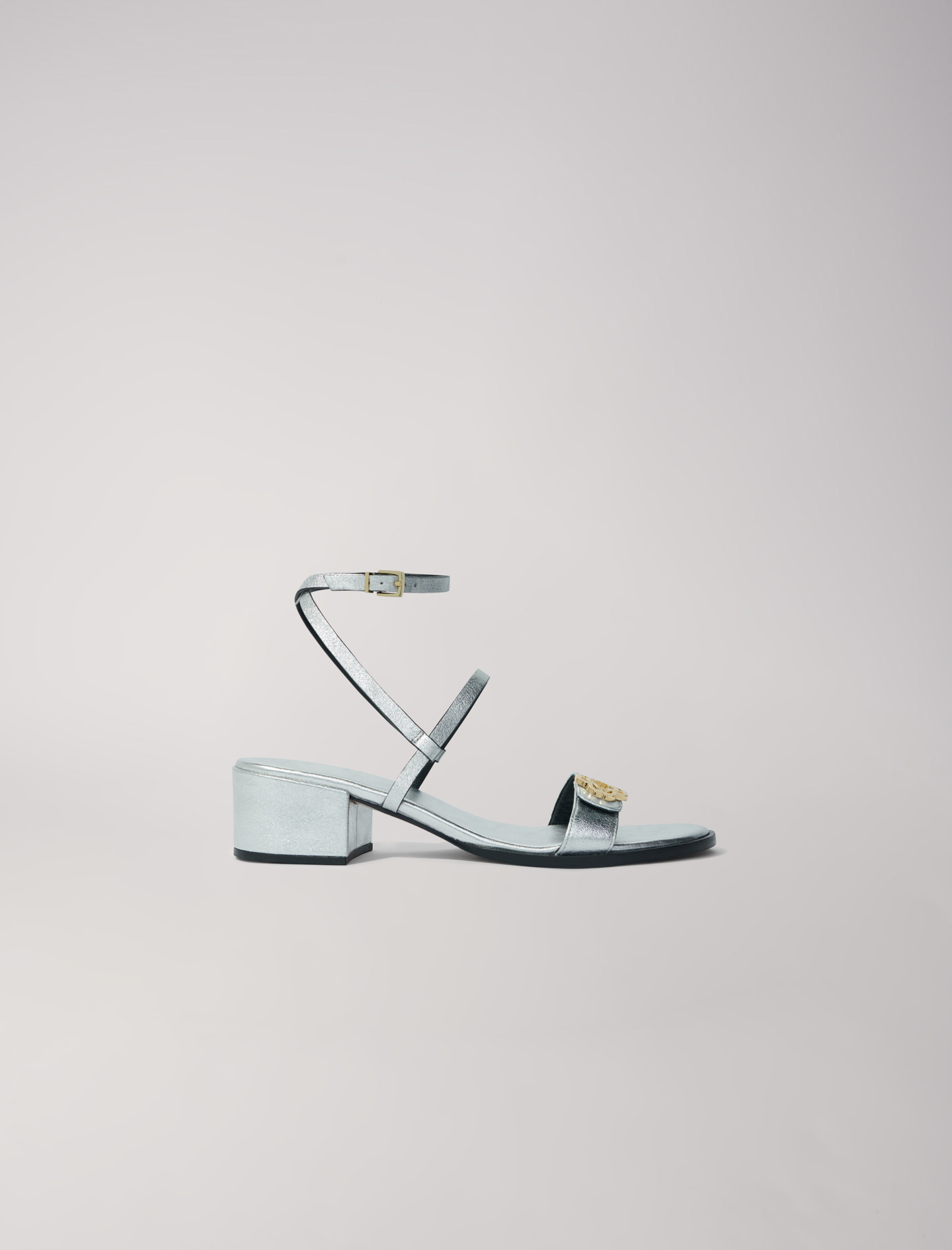 Maje Woman's zinc Appliqué: Leather strappy sandals for Spring/Summer, in color Silver / Grey