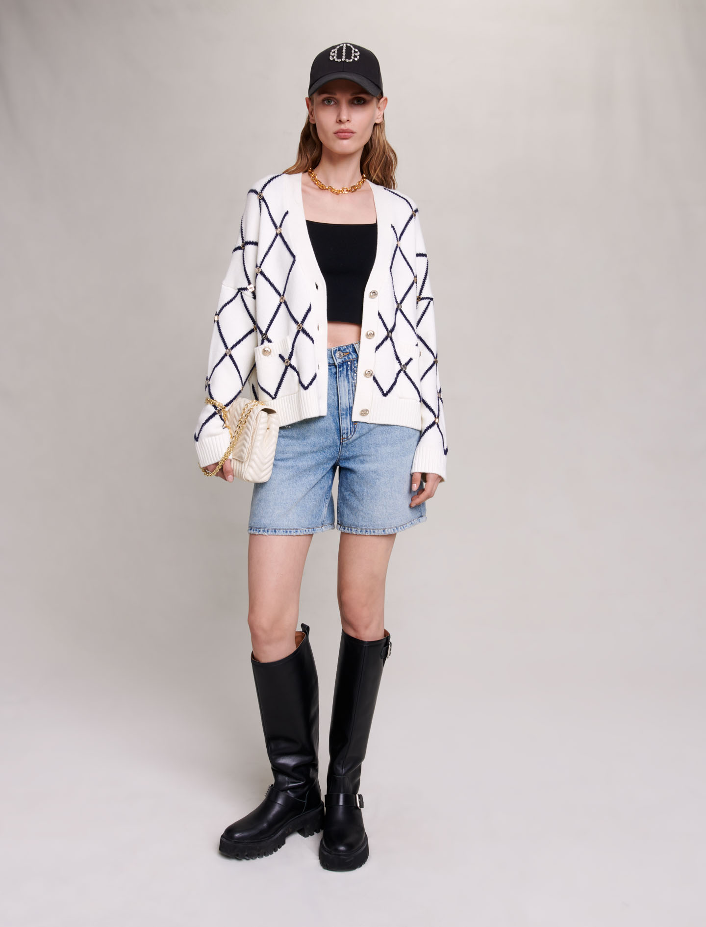 Maje Woman's acrylic, Diamond pattern knitted cardigan for Fall/Winter, in color Ecru / Beige