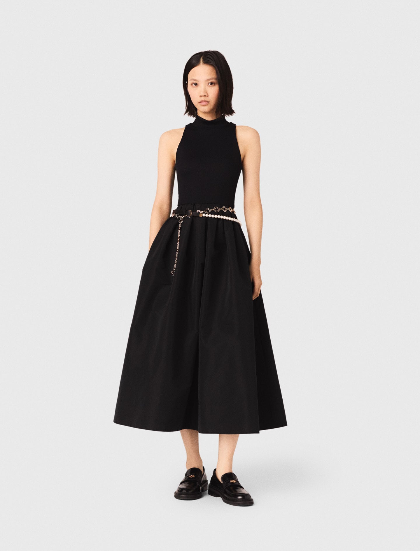 Mixed-material taffeta dress Black / Gray For Women | Maje