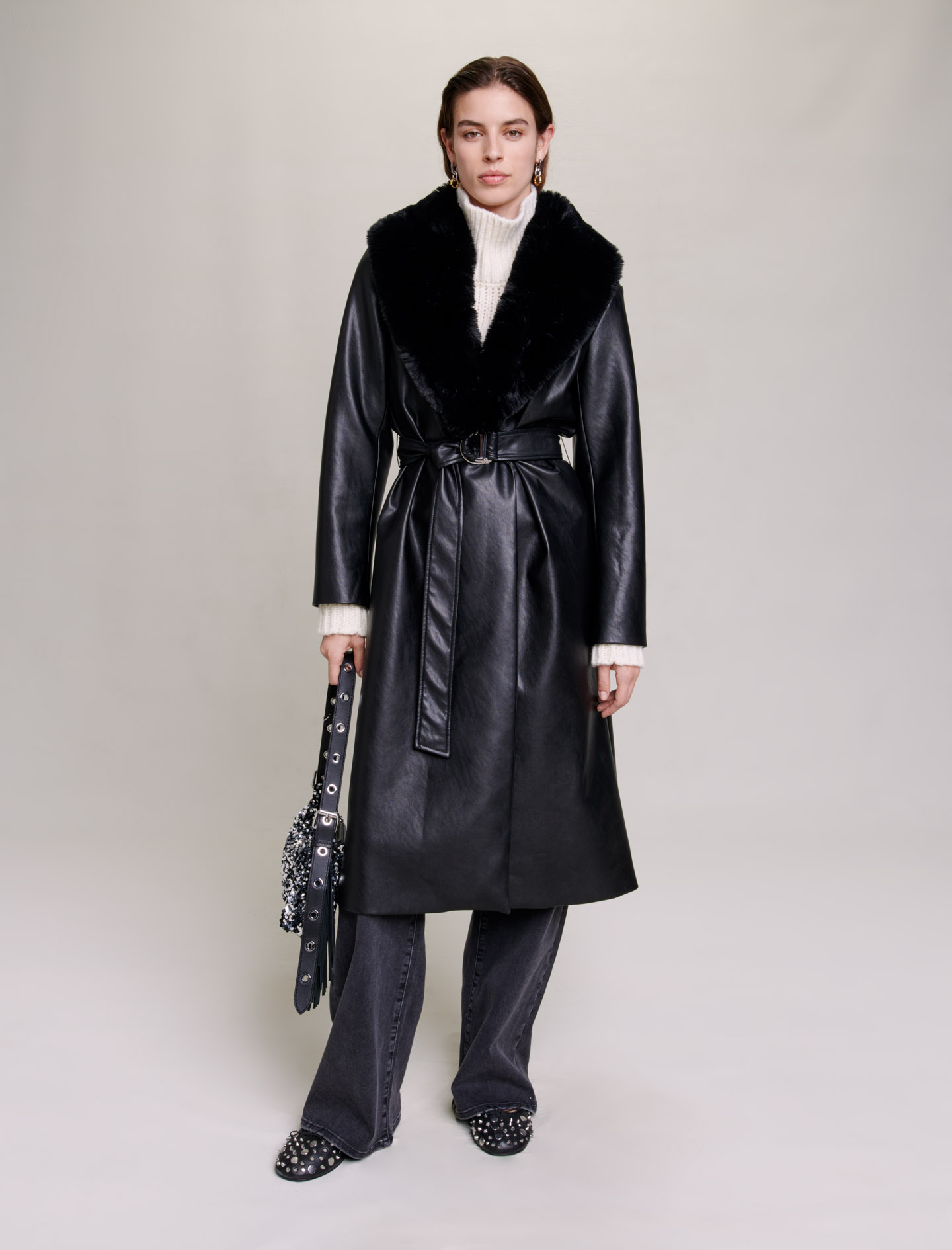 Maje Woman's polyurethane Fusible interfacing: Long leather-effect coat, in color Black / Black