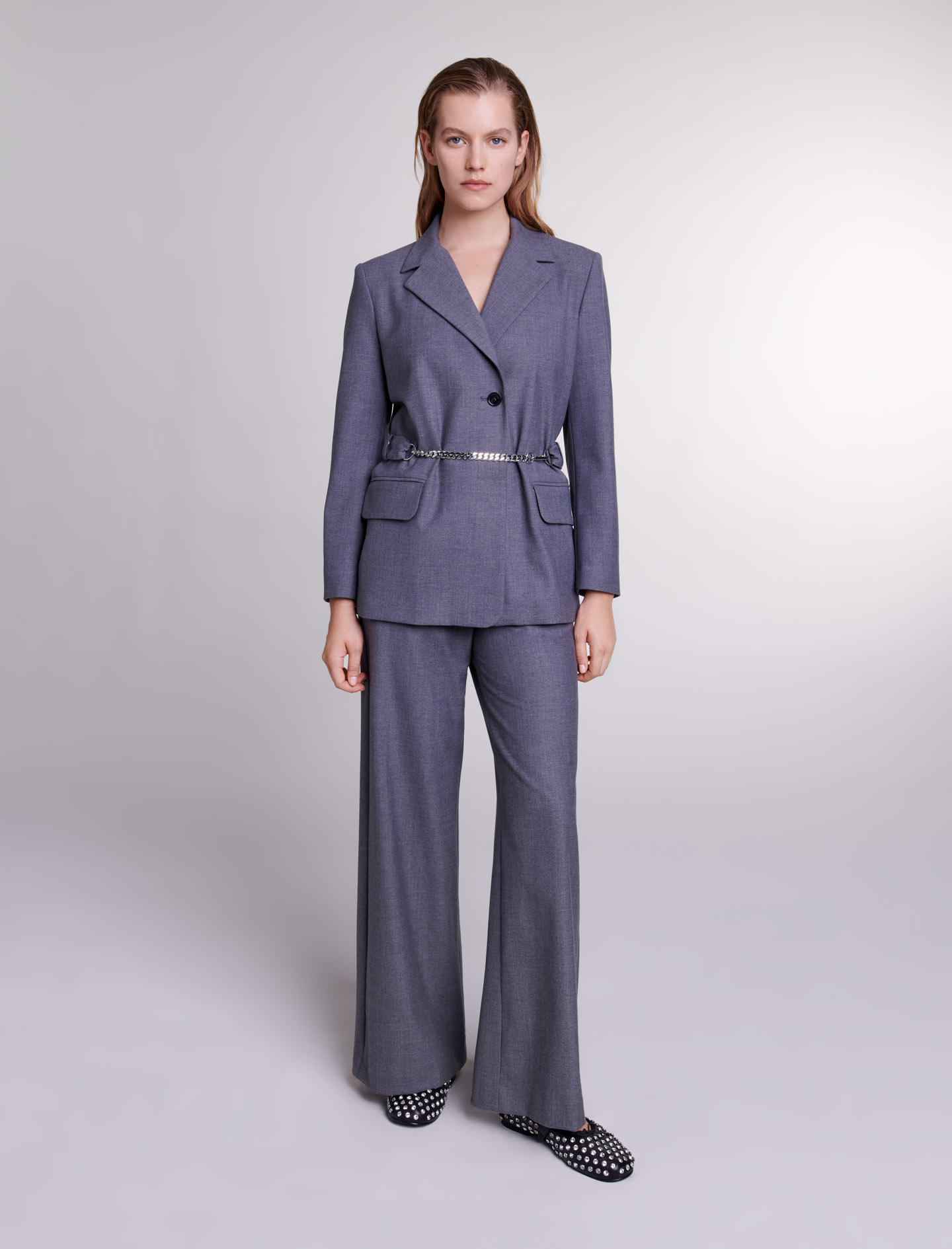 Maje Woman's polyester, Suit jacket with chain belt for Spring/Summer, in color Grey / Grey