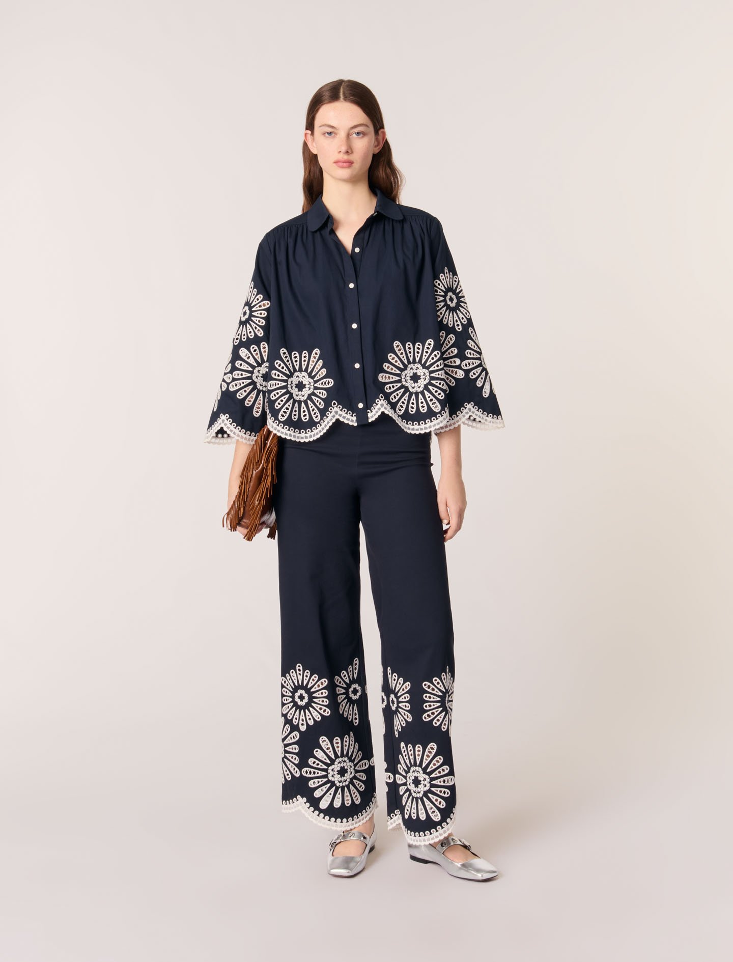 Woman's cotton Embroidery: Cropped shirt with crochet detail for Spring/Summer, size Woman-Tops & Shirts-US L / FR 3, in color Navy / Blue