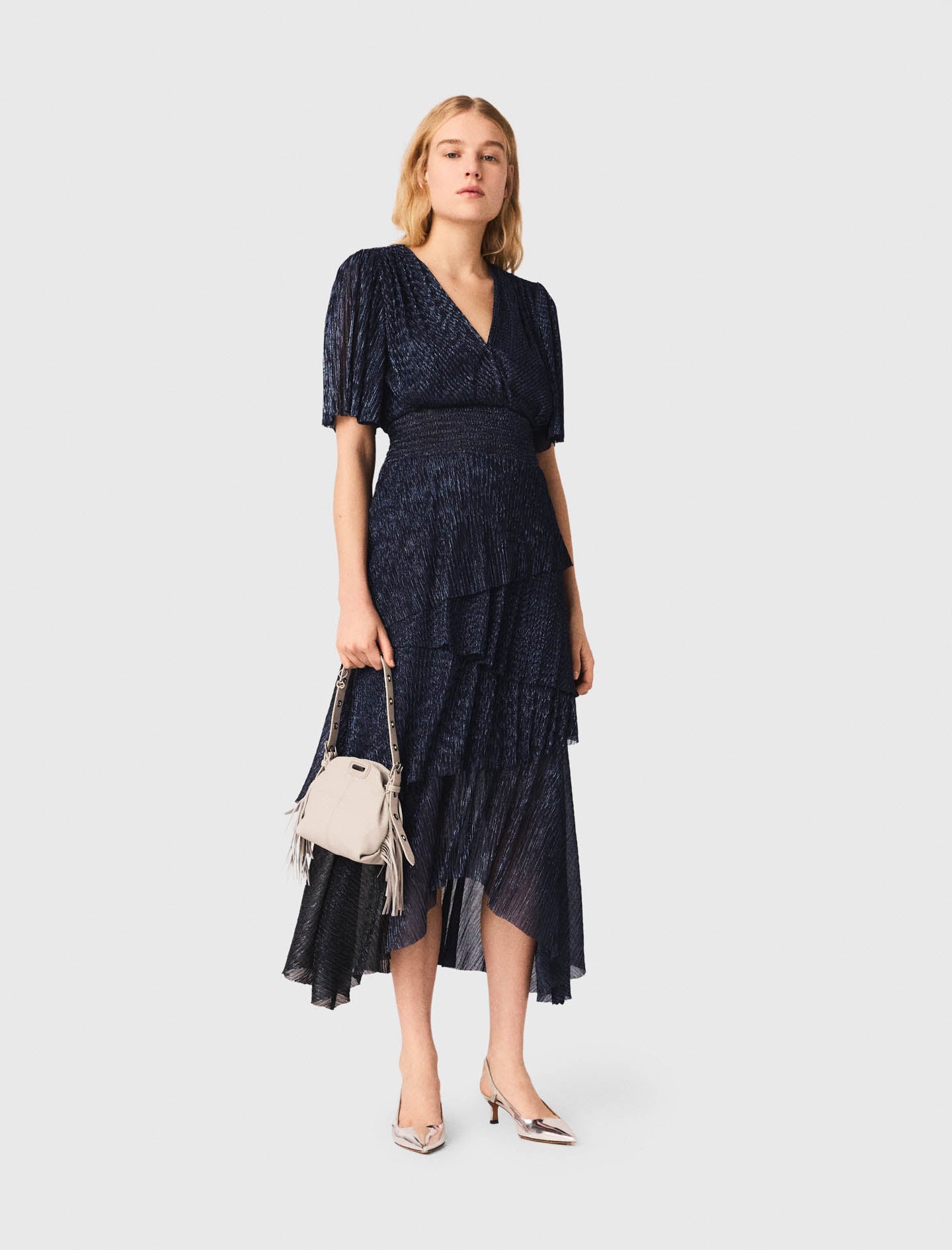 Metallic ruffled midi dress Blue For Women | Maje