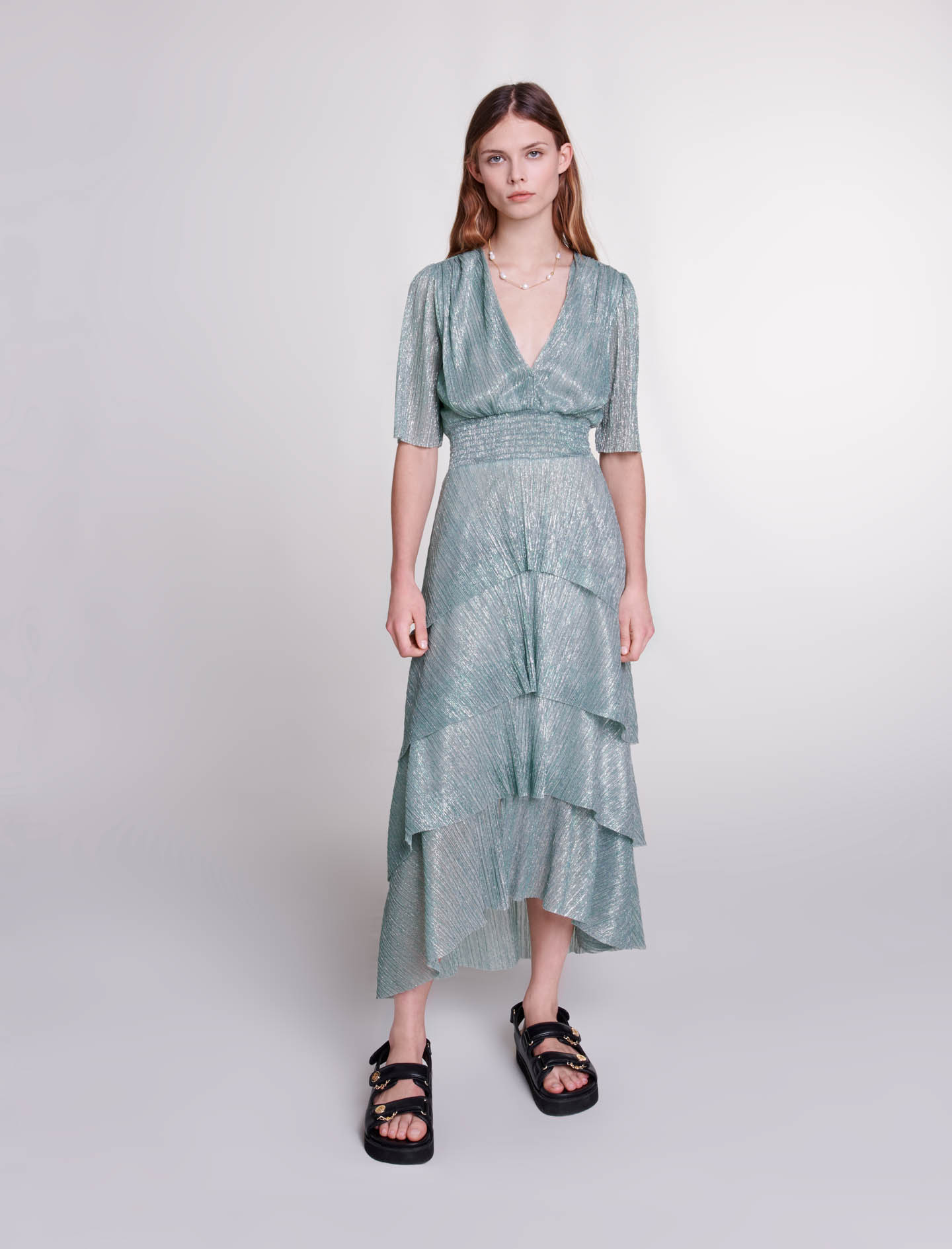 Maje Woman's polyester Stretch lurex ruffled dress for Spring/Summer, in color SILVER GREEN /