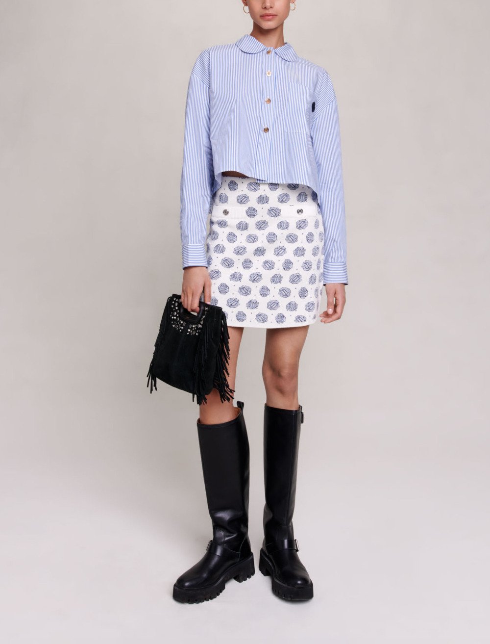 Maje Woman's viscose Monogrammed knit skirt for Fall/Winter, in color Clover monogram ecru/blue /