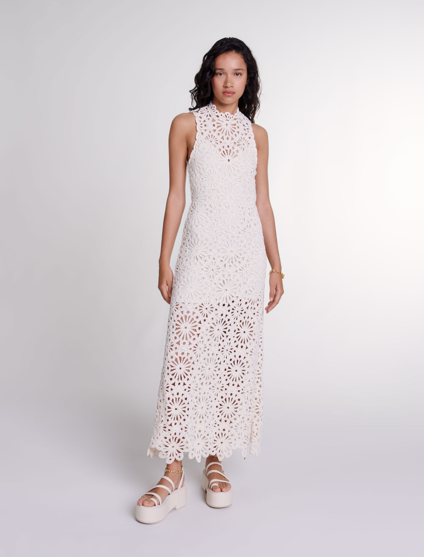 Maje Woman's cotton Lining: Beaded crochet maxi dress for Spring/Summer, in color Ecru / Beige